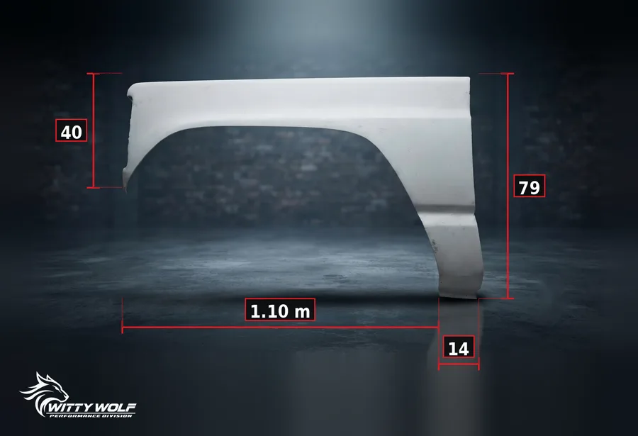 Guarda-lamas dianteiro em fibra de vidro para Nissan Patrol Y260, com medidas em centímetros.
