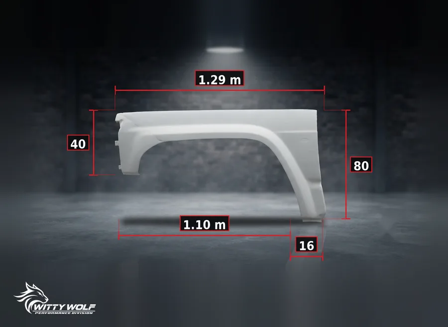 Guarda-lamas dianteiro em fibra de vidro para Nissan Patrol Y60 GR, com medidas em centímetros.